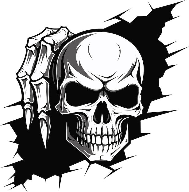 Mystic masonry cracked wall skull icon design wallflower wraith black skull peeking from wall vecto