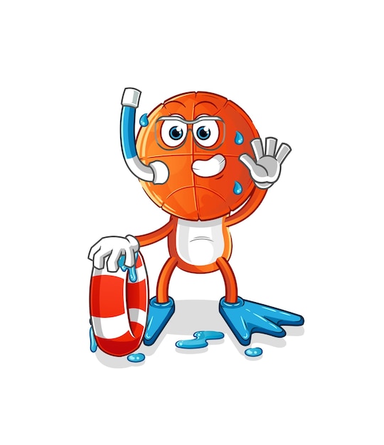 nadador de desenhos animados de cabeça de basquete com mascote de bóia. vetor de desenho animado