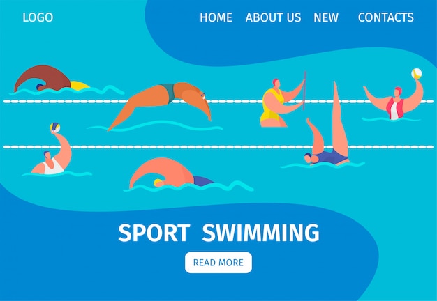 Nade a bandeira da web do esporte com os nadadores profissionais das pessoas na piscina, ilustração dos desenhos animados.