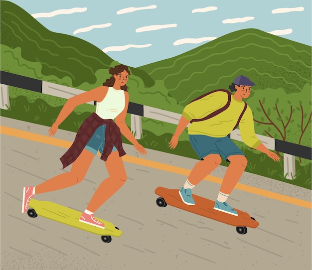 Vetor namorada e namorado felizes personagens adolescentes patinando descendo na cena da rodovia hipster jovem casal freestyling boarding ilustração vetorial ao ar livre