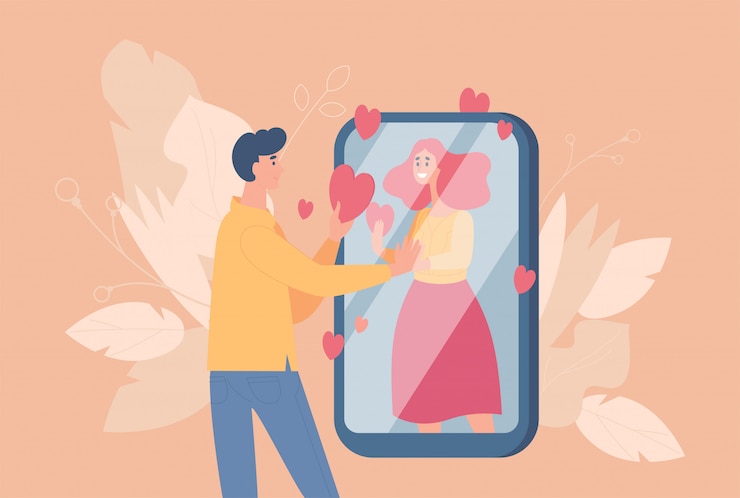 Vetor namoro on-line e ilustração dos desenhos animados de relacionamento distante. casal apaixonado falando joga rede social.