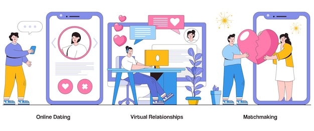 Vetor namoro on-line relacionamentos virtuais matchmaking conceito com personagem romance digital resumo ilustração vetorial definir conexões química amor na metáfora da era digital