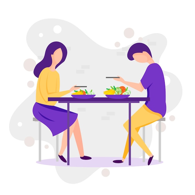 Vetor namoro vector cartoon ilustração engraçada de casal homem e mulher comendo pé saudável na paisagem natural casal romântico da geração do milênio no restaurante em um encontro amor entre duas pessoas