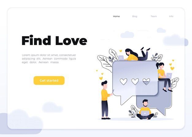 Namoro virtual. Relacionamentos virtuais. Conceito de aplicativos de namoro. Ilustração em vetor plana com mulheres e homens conversando. Encontrar amor. Modelo de página de destino. Conceito de design de morfismo de vidro para web design