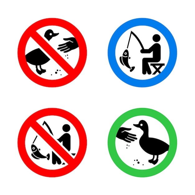 Não alimente pássaros e sinais de proibição de pesca
