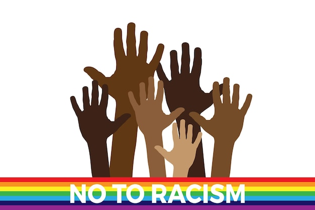 Não ao racismo pare com o racismo e a discriminação mãos de diferentes raças ilustração vetorial com arco-íris da bandeira da paz