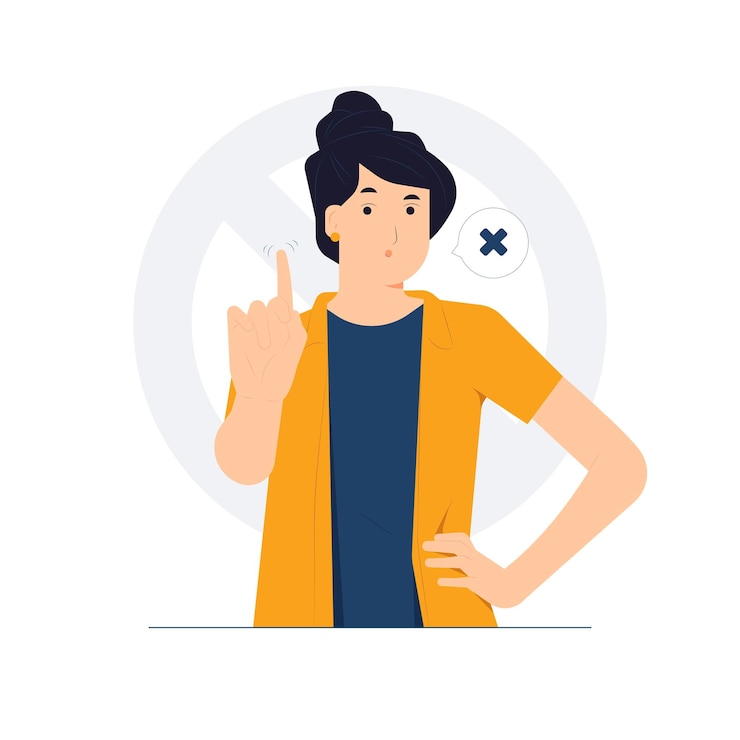 Vetor não e faz gesto de parada proíbe desacordo linguagem corporal não significa não a menina diz não e mostra parar com um sinal de tabu de dedo nega expressão e ilustração do conceito de proibição mal-humorada com raiva