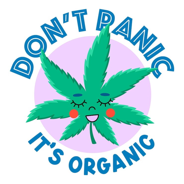 Vetor não entre em pânico, é orgânico. desenho vetorial de ervas daninhas. citação engraçada de cannabis. personagem de folha de maconha