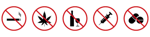 Vetor não fume cigarro beber álcool tomar drogas e comprimidos silhueta negra ícone proibido vício