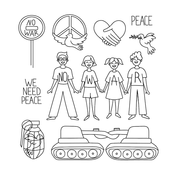 Vetor não há guerra um conjunto de desenhos em estilo doodle ilustração linear antiguerra de pessoas protestando tanques quebrados símbolo da paz pomba reconciliação aperto de mão arte criativa desenhada à mão