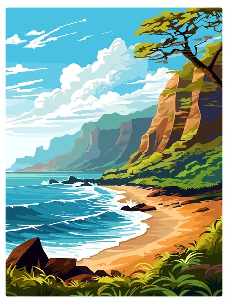 Napali coast hawaii vintage poster de viagem souvenir cartão postal retrato pintura ilustração wpa