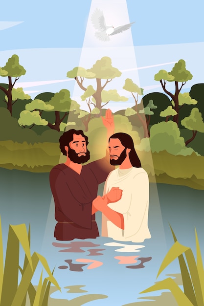 Vetor narrativa bíblica sobre o batismo de jesus cristo. joão batista com jesus em pé na água. o espírito santo como uma pomba descendo sobre eles. personagem da bíblia cristã. .