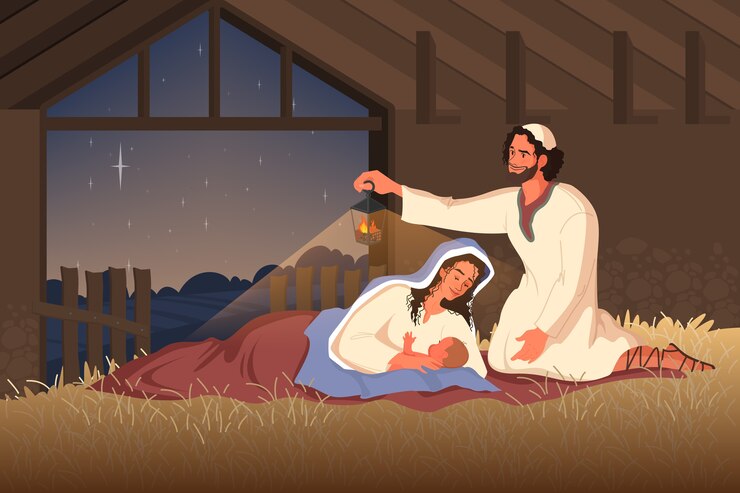 Vetor narrativas bíblicas sobre a natividade de jesus. maria, mãe de jesus, josé e o menino jesus no celeiro. personagem da bíblia cristã. .