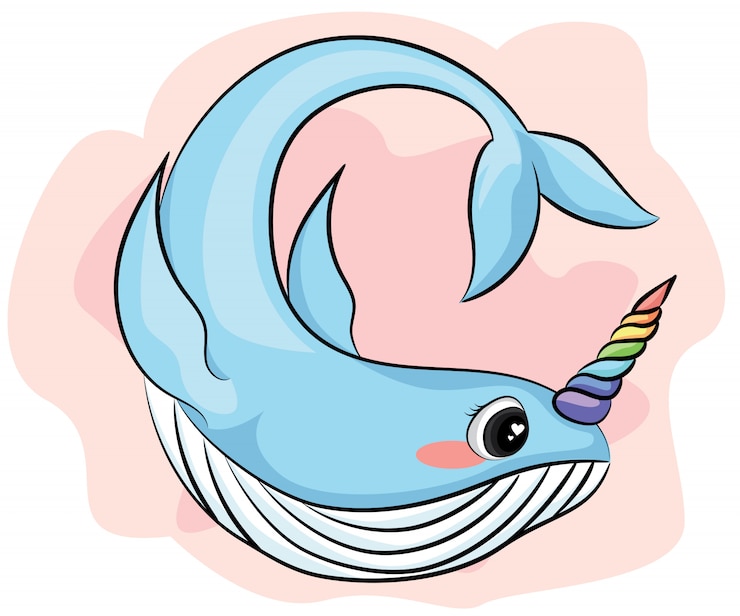 Vetor narval de personagem de desenho animado bonito com chifre de arco-íris, desenho de baleia unicórnio engraçado.