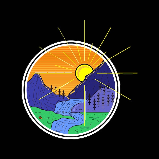 Nascer do sol com design de logotipo de paisagem de montanhas