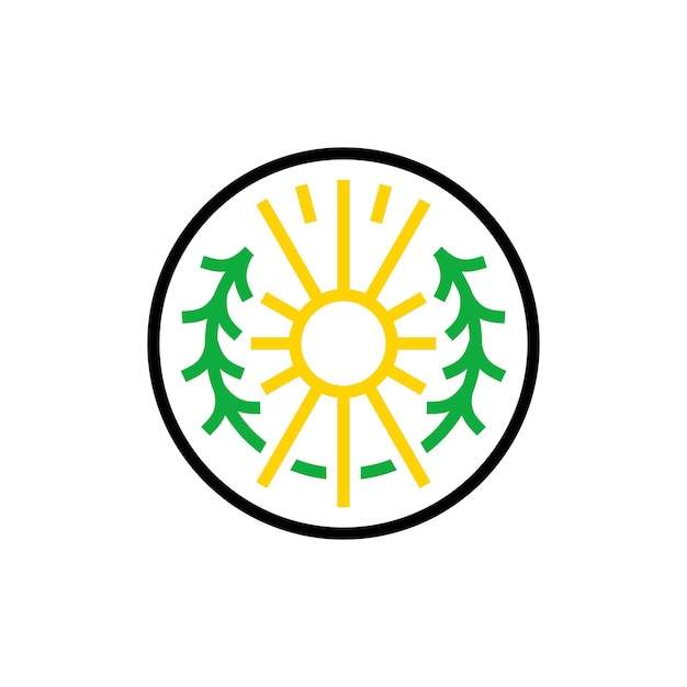 Nascer do sol e paisagem verde selo adesivo emblema distintivo rótulo logotipo design ilustração vetorial