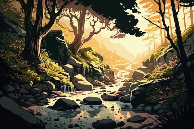 Vetor nascer do sol em uma floresta com ilustração de paisagem de desenho vetorial de fluxo de rio.