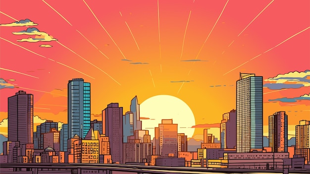 Vetor nascer e pôr do sol atrás de edifícios modernos da cidade ilustração vetorial arranha-céus paisagem paisagem urbana