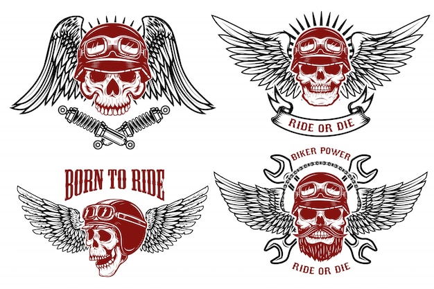 Nascido para andar. conjunto de emblemas com caveiras de piloto. rótulos de clube de motoqueiros. ilustrações.