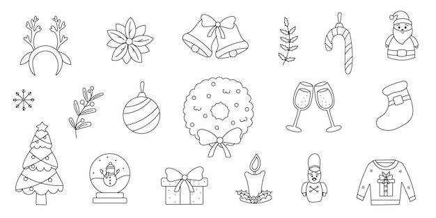 Natal, Ano Novo, Feriados, Presentes, Linha, Doodle, Livro de Colorir, Árvore, Set, Elementos, Ilustração Vector.