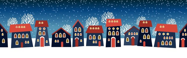 Vetor natal bonito e inverno casas da cidade noturnas janelas nevadas das luzes panorama da cidade