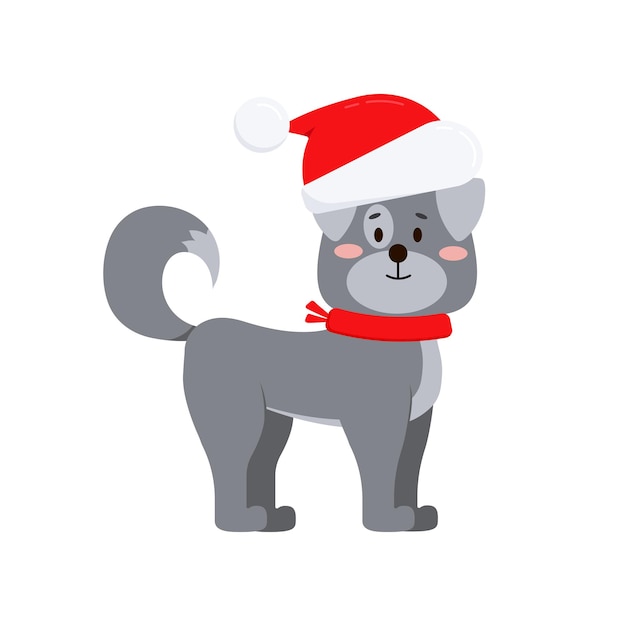 Natal, cão bonito, isolado, branco, fundo, cinza, doméstico, feliz, cachorrinho, em, cachecol vermelho, e, santa claus, chapéu, apartamento, desenho, estilo, xmas, feriado, animal, personagem, vetorial, ilustração