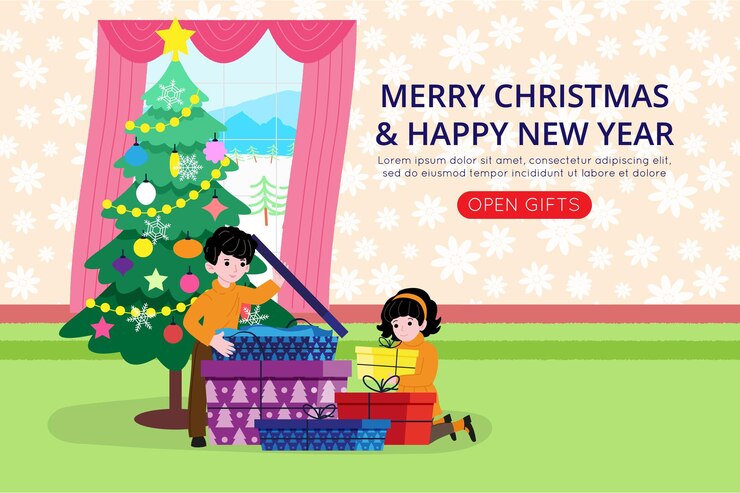 Natal e ano novo. Crianças pequenas abrem presentes recebidos para o feriado. Ilustração para página de destino ou site de loja online ou cartão postal e banner. Imagem plana de vetor bonito.