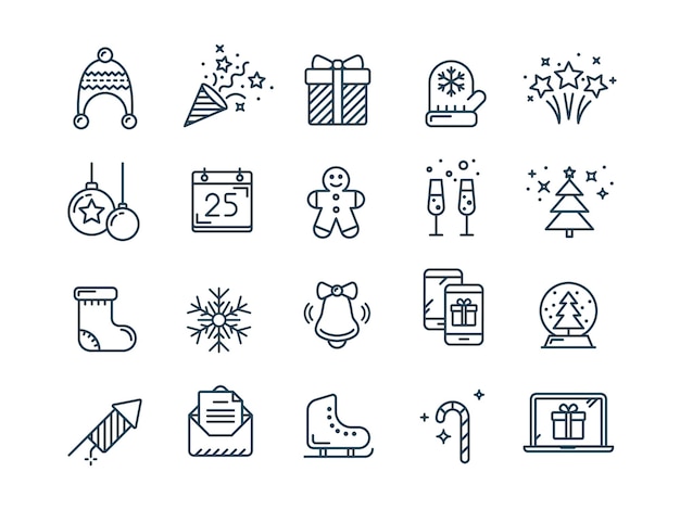 Vetor natal e ano novo feriados de inverno papai noel dezembro set de ícones da web de linhas finas coleção de ícone de contorno