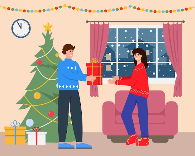 Natal e Reveillon. Dar presentes perto da árvore de Natal.