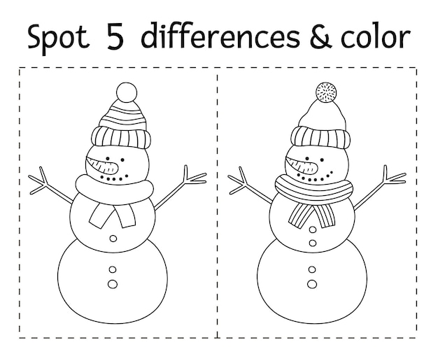 Natal encontra diferenças e jogo de cores para crianças. atividade educacional de inverno com boneco de neve engraçado. planilha para impressão com personagem sorridente. página para colorir fofa de ano novo para crianças