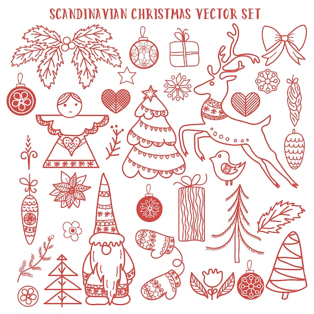 Natal escandinavo vector doodle set anjo gnomo renas árvores de natal pássaro mittens bolas de natal estrelas flores estilizadas poinsettia pine cone