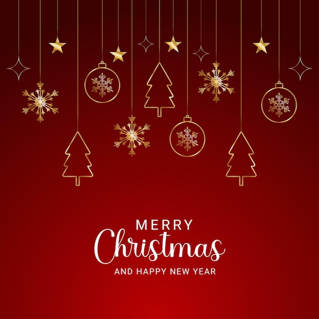 Natal feliz realístico fundo vermelho com estrelas douradas e caixa de presentes e bolas douradas com árvore