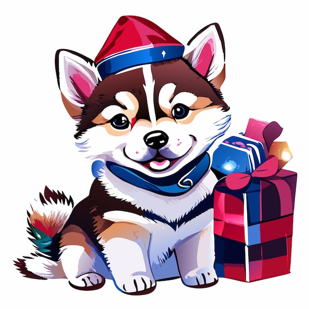Natal husky cachorrinho desenhado à mão desenho animado adesivo ícone conceito ilustração isolada