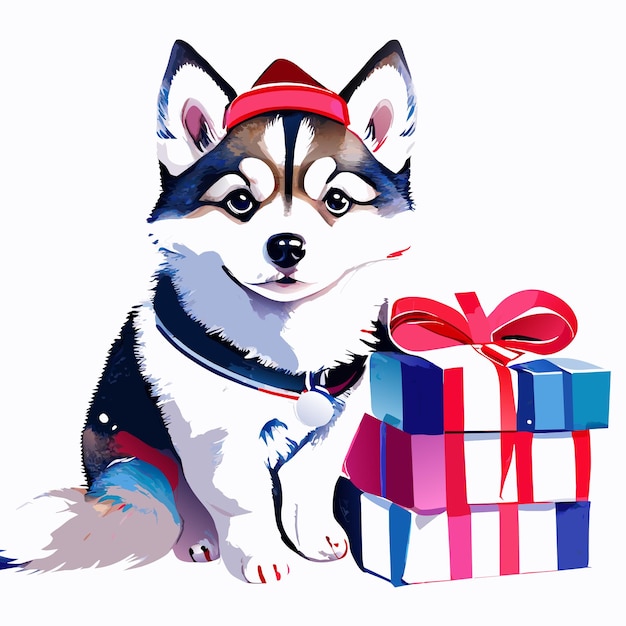 Vetor natal husky cachorrinho desenhado à mão desenho animado adesivo ícone conceito ilustração isolada