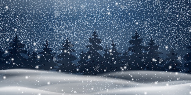 Natal, paisagem de snowy woodland à noite. fundo de inverno. paisagem de inverno de férias para feliz natal com abetos, floresta de coníferas, neve, flocos de neve. cena de natal. feliz ano novo.