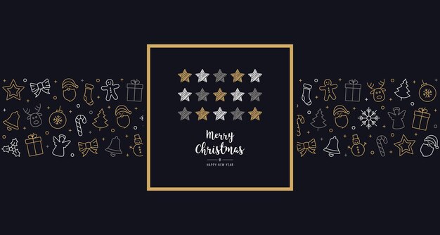 Natal rabiscado estrelas cartão ícone elementos texto saudação moldura fundo azul dourado