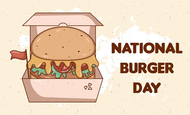 Vetor national burger day conceito feriado retro groovy cartoon hambúrguer poster vintage fast food retro cores estilo plano ilustração vetor funky