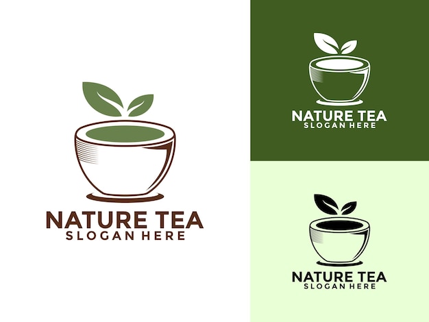 Nature Green Tea with Cup and Leaf Logo vector Modelo de logotipo de chá orgânico de qualidade premium