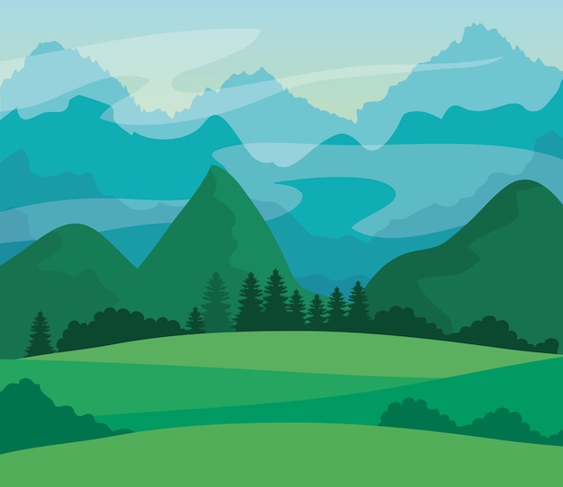Natureza da paisagem com campo de grama e montanhas.