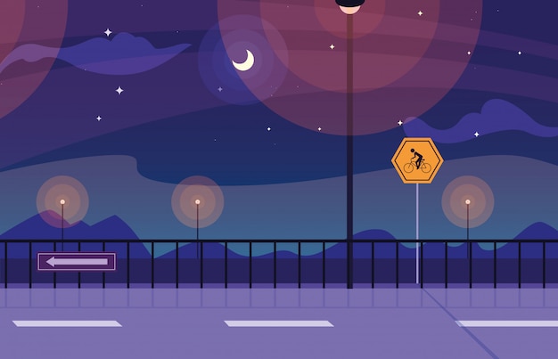 Vetor natureza da paisagem de noite com sinalização para ciclista