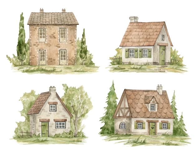 Natureza e casas rurais desenhadas à mão em aquarela