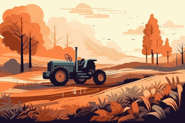 Natureza e paisagem agrícola aldeia céu campo árvores trator e grama para poster de fundo desenho de ilustração vetorial