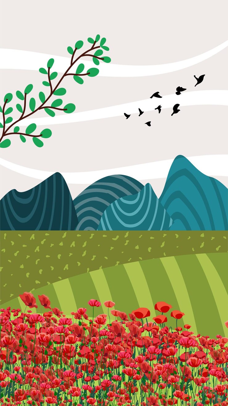 Vetor natureza e paisagem campo de papoula cartaz artístico contemporâneo