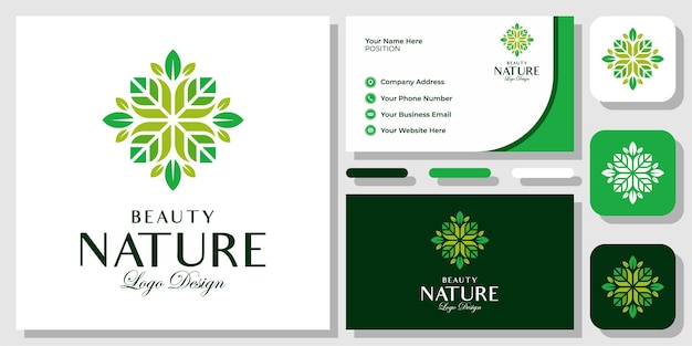 Natureza folha planta verde orgânica árvore vida saudável eco design moderno de logotipo com modelo de cartão de visita