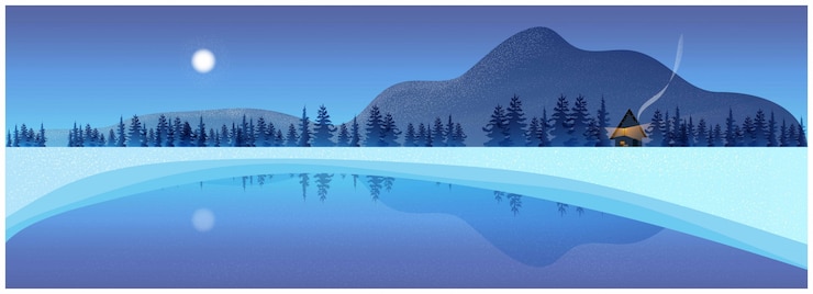 Vetor natureza inverno paisagem plano de fundo com montanhas e lago gelado.