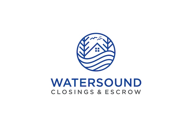 Natureza logotipo design telhado casa ícone símbolo pinheiro onda água rio lago ilustração