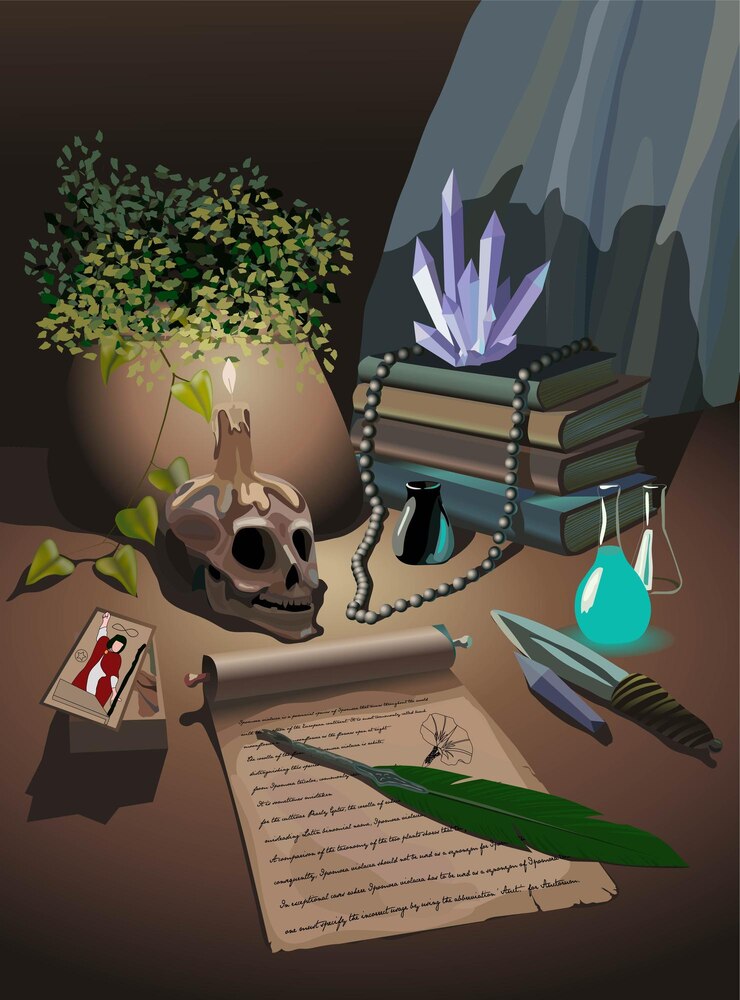 Vetor natureza morta medieval naturemorte para impressão garrafas livros antigos caneta pergaminho scull tarot cristal