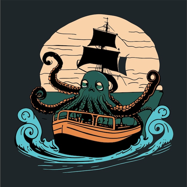 Vetor nave a vela e monstro kraken polvo desenhado à mão adesivo de desenho animado plano e elegante
