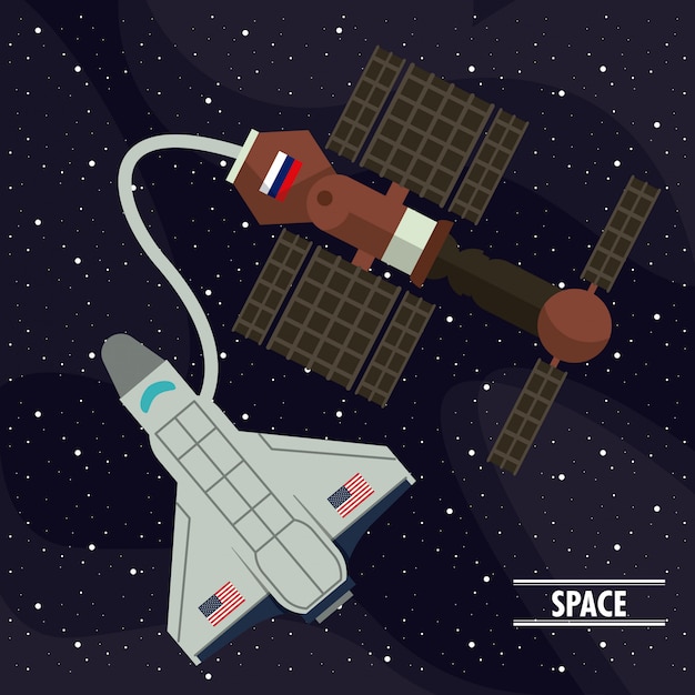 Nave espacial conectada ao satélite no espaço