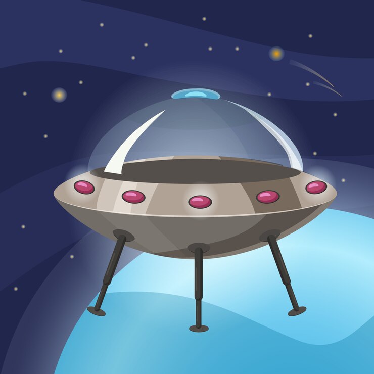 Vetor nave espacial do ufo, estilo dos desenhos animados, planeta do espaço do fundo, isolado, ilustração